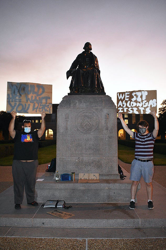 Students protested regularly at the statue of William Marsh Rice
