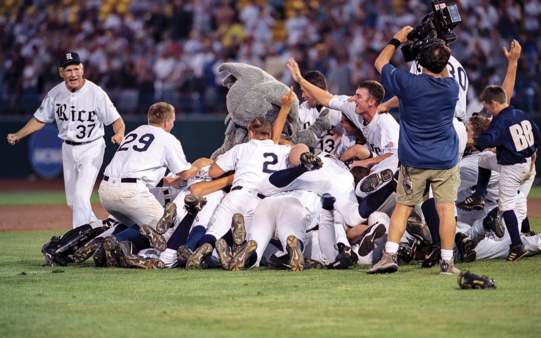 June 23, 2003: In Omaha, Nebraska, a celebratory dogpile after Rice baseball’s College World Series win over the Stanford Cardinal