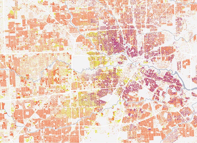 This map of housing units in Harris County was created by Kelsey Walker ’15. Each property has been color-coded by year built: pre-1945 housing is maroon, 1945 to 1982-built housing is orange and newer construction is green. The map allows researchers to visualize the history of housing in the city, asking questions about sprawl, gentrification or deed restrictions.