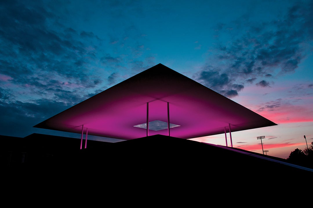 July 12, 2012: James Turrell’s “Twilight Epiphany” Skyspace at sunset looking northwest. Pretty sky, pretty art on campus, pretty picture.
