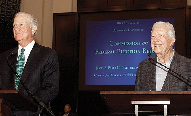 Baker and former President Jimmy Carter at Rice for a public hearing in 2005
