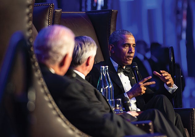 Barack Obama was the guest of honor at the Baker Institute’s 25th anniversary gala. He and former Secretary of State James A. Baker III spoke for nearly an hour in a conversation moderated by presidential historian Jon Meacham. Photo by Jeff Fitlow