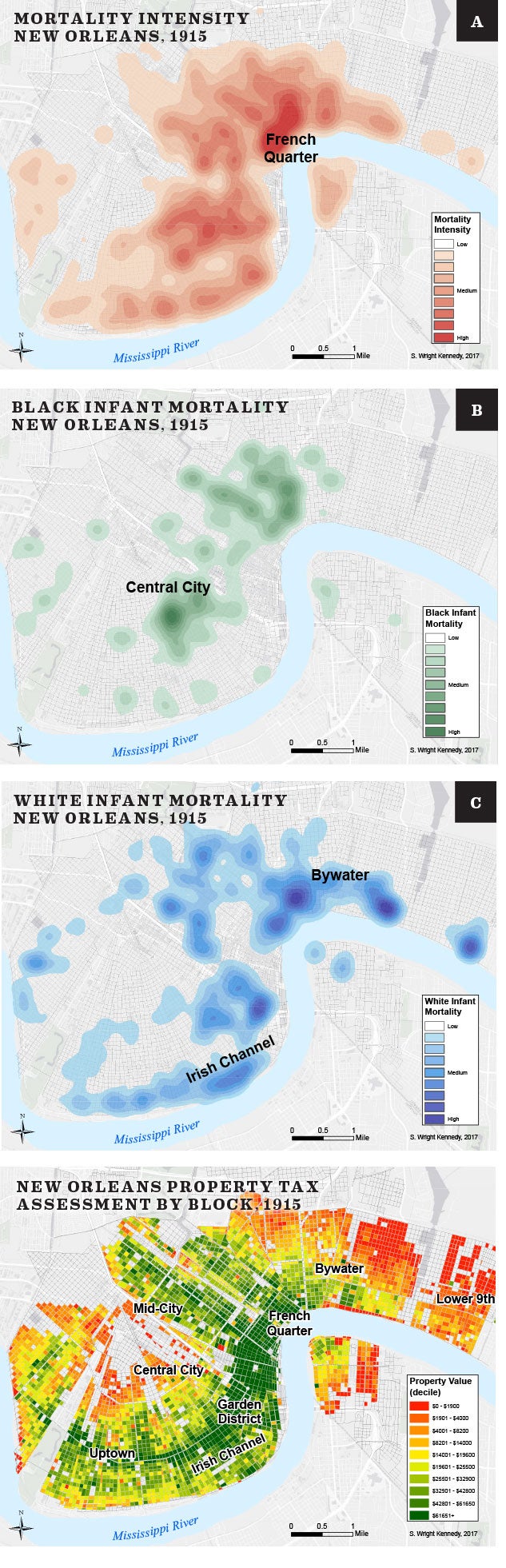 Kennedy’s maps reveal that neighborhoods in New Orleans with lower property values had disproportionately higher incidents of mortality. In 1915, the densely settled French Quarter had the highest levels of overall mortality (Map A), but both black and white infant mortality, while spatially separated, aligned with areas of lower land values. Black residents of the Central City neighborhood, an area that bordered swampland only a decade earlier, grappled with high levels of infant mortality in 1915 (Map B). Italian and Irish immigrants living in the Bywater and Irish Channel neighborhoods, respectively (Map C), suffered through high levels of infant mortality as well. Compared to the infant mortality patterns of earlier years, by 1915 infant mortality unequally affected lower-income neighborhoods, both black and white.