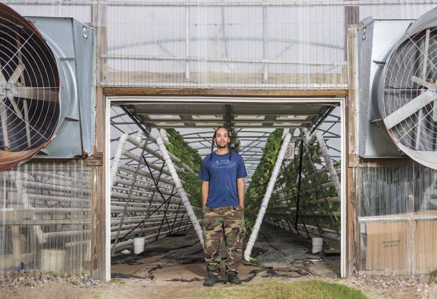 Roderick McMillan is a beneficiary of NCGrowth and the owner of MG3 Farms. He stands outside of the hydroponic grow house he created by converting a former tobacco greenhouse on his family’s farm in Maxton, North Carolina.