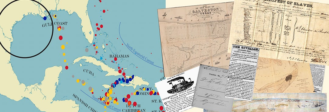 Screenshot of SlaveVoyages Intra-American Database timelapse of voyages carrying enslaved people, highlighting the absence of Texas voyages. Right: Examples of documents used to research the maritime slave trade to Texas ports, including manifests, newspaper advertisements, and maps. Designed by Katelyn Landry.