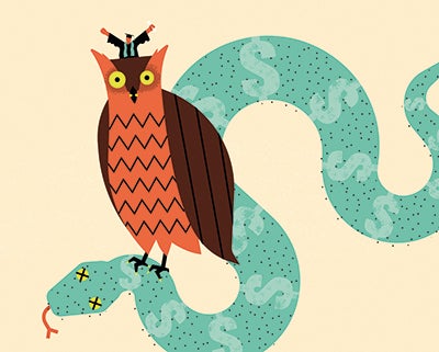 Illustration of an owl standing on a snake that is covered in dollar signs