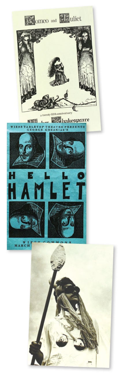 BakerShake’s 25th anniversary program; Wiess Tabletop Theater’s 1992 program for “Hello, Hamlet!”; a yodeler in a Wiess Tabletop production, year unknown. 