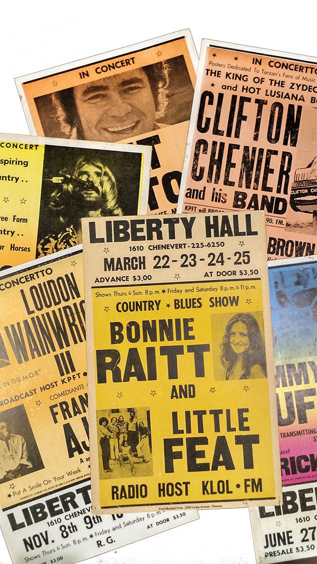A collection of posters including a Liberty Hall poster featuring Bonnie Raitt and Little Feat, 1973