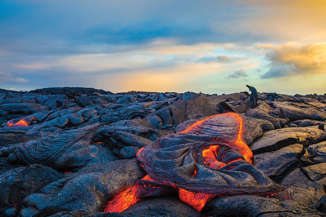 Photograph of lava flowing from a volcano