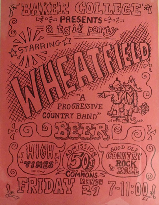 Wheatfield concert flier at Baker College, March 29, 1974
