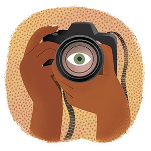 Illustration of eye seen through lens of camera