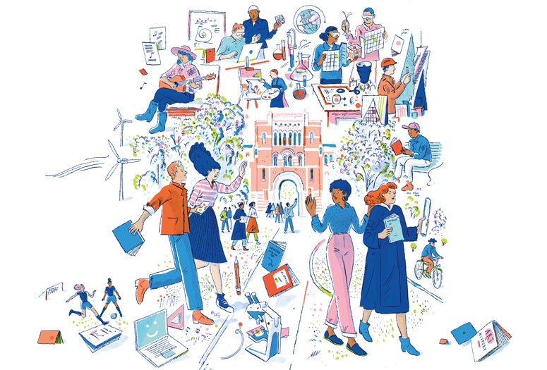 Illustration of Lovett Hall with teaching and research themes
