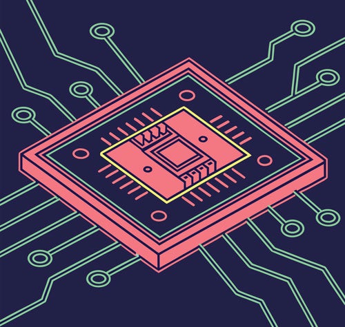 Illustration of a computer chip with data branching out