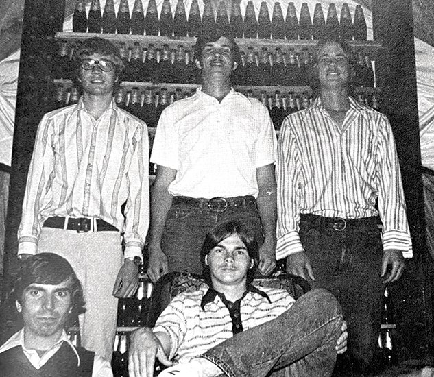 Gruber (top left), Graham (top center) and friends pictured in the 1974 “Campanile.”
