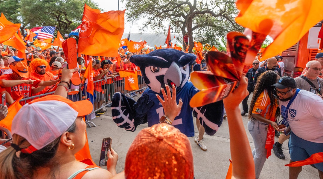 Photo of Sammy high-fiving crowd amidst a sea of orange