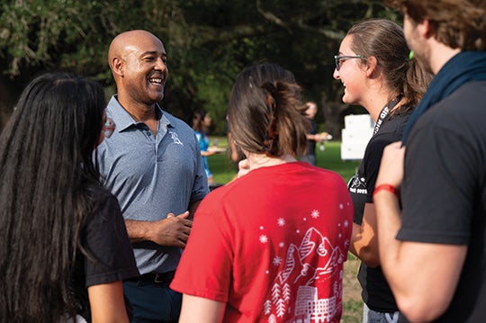 O-WEEK: President DesRoches greets new students in  Founder’s Court during the annual President’s Welcome event. 