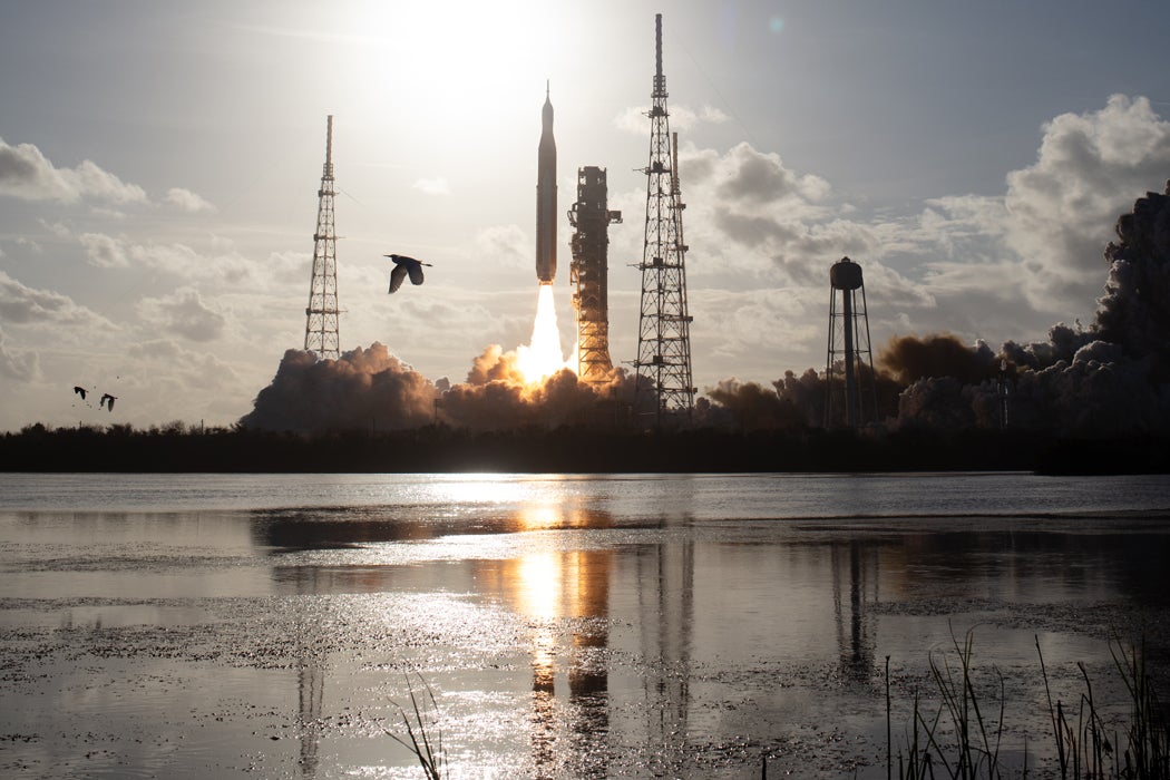 Photo of NASA’s space launch rocket blasting off with birds framing the sides of the photo