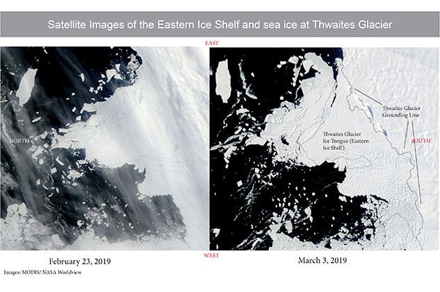Satellite images of the ice shelf in front of Thwaites Glacier show a rapid breakup along the western-most sector that began within a few days after the Palmer surveyed the shelf margin. By March 3rd, the western embayment was filled with icebergs.