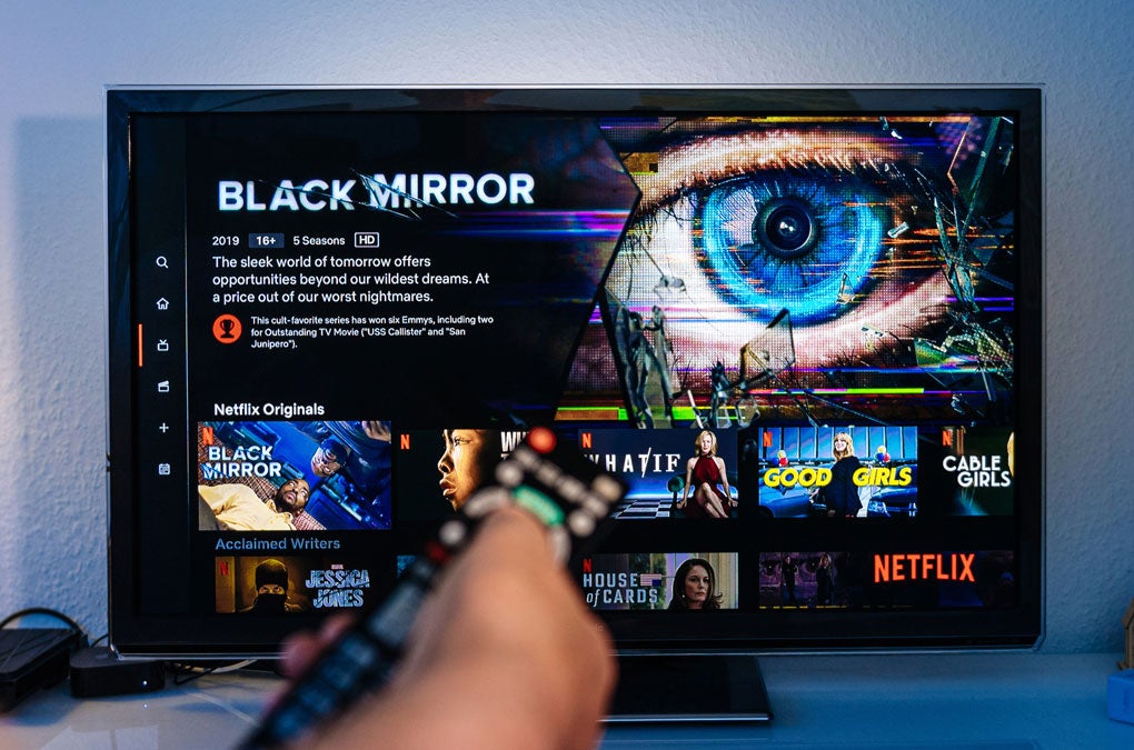 Photo of tv with Netflix's tv series Black Mirror displayed