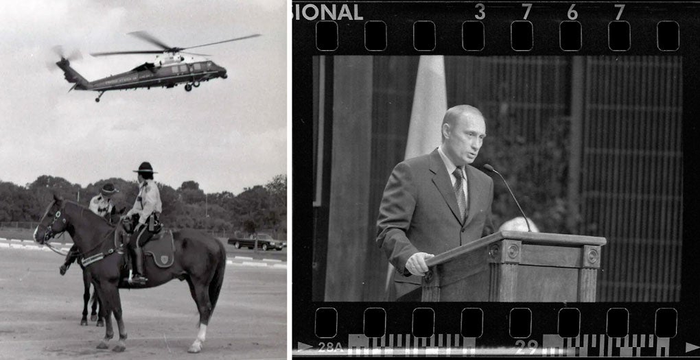 Photo of Putin landing on Rice University and him speaking at Baker Institute for Public Policy Institute