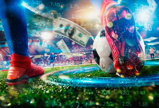 Photo of a soccer match with dollar bills floating and number/stats superimposed