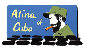 Illustration of movie screen with image of Fidel Castro  and the words "Alina of Cuba" by Delphine Lee