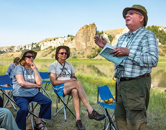 July 14, 2015: Rice historian John Boles ’65 lecturing on the Corps of Discovery during a Rice Alumni Traveling Owls trip that retraced the Lewis and Clark Expedition. Boles captured me the first time I heard him speak. He’s a walking storybook whether describing the life of Thomas Jefferson or the journeys of Lewis and Clark. I was thrilled to get the chance to travel with him up the Columbia River as well as across Montana and parts of Idaho. That trip enriched my life beyond measure. Here, Montana’s big sky is reflected in the Clark Canyon Reservoir, and Camp Fortunate, where the explorers met the Shoshone tribe, is beneath the water.