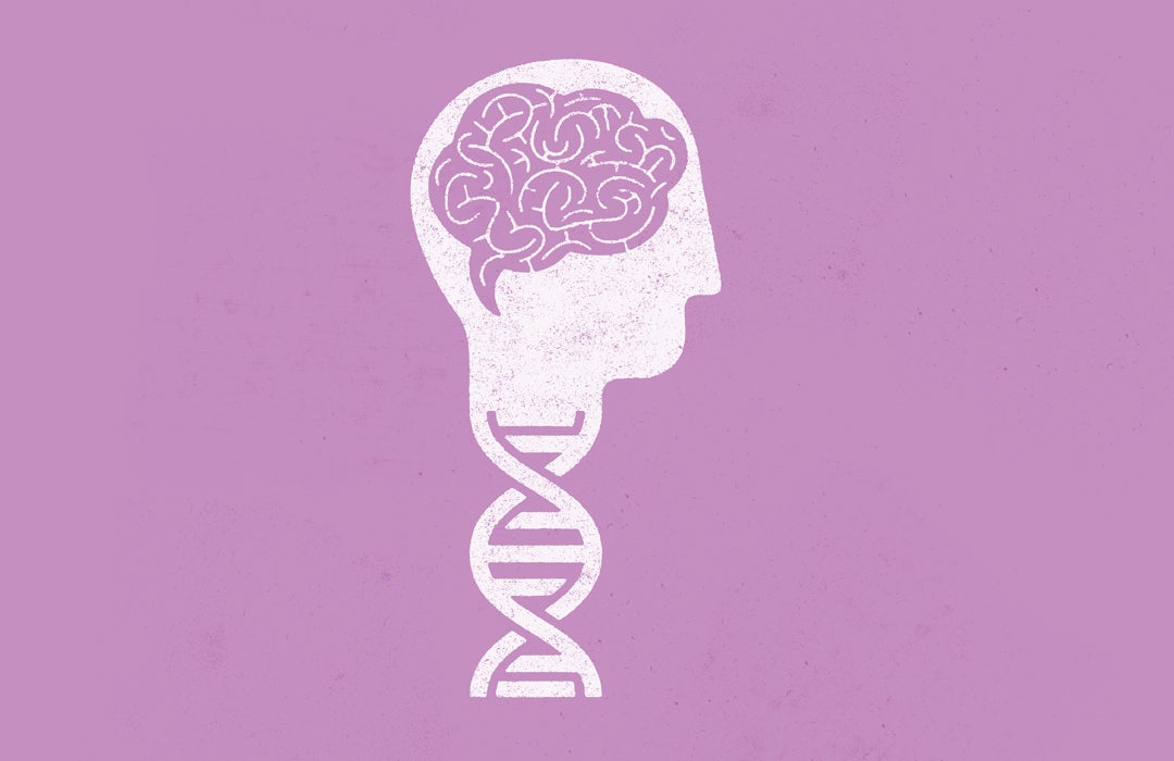 Illustration of brain with DNA strand to signify genetics