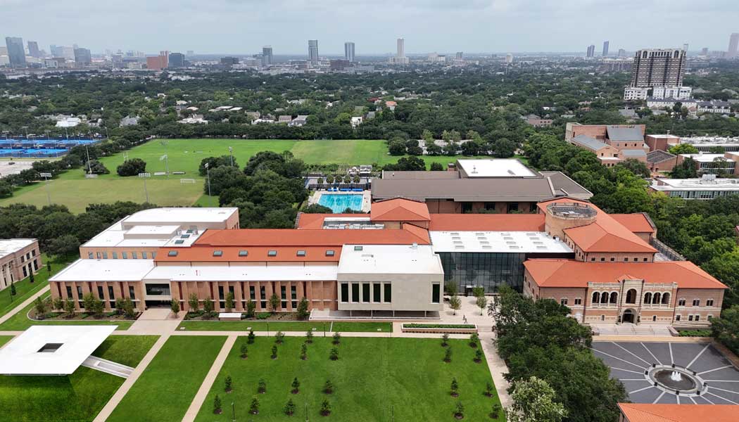 Aerial view of the new additions to the business school