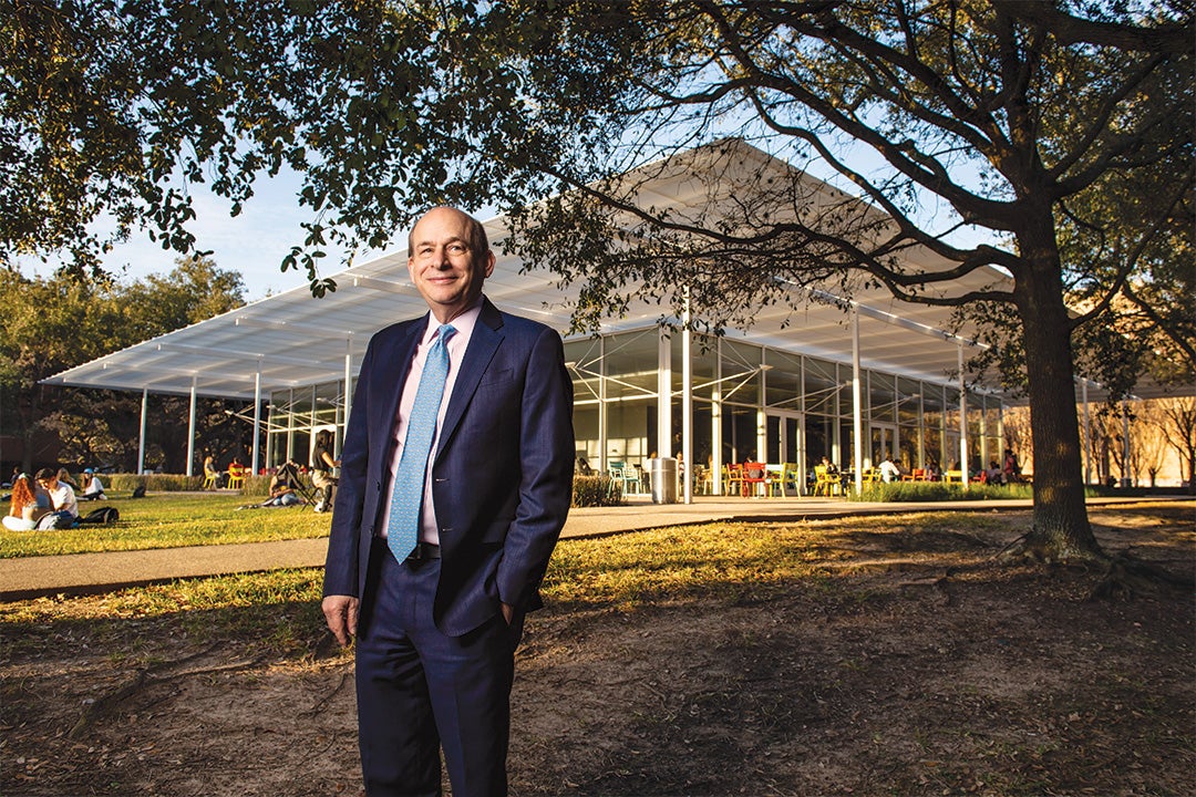 Photo of David Leebron in front of the Brochstein Pavilion