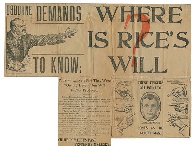 Newspaper clipping reading "Where is Will Rice's will?"