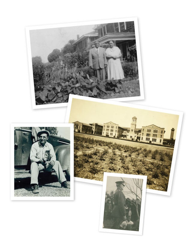 Clockwise from top: Martino with his wife; the rose garden Martino planted in front of the newly completed chemistry building circa 1926; Martino — down in the hole — planting a pecan tree on campus with Gen. John J. Pershing in 1920; Martino in 1949.