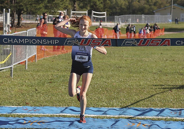 Grace Forbes ’23 won an individual C-USA title in the 6K race at the championship tournament held Oct. Photo courtesy of Rice Athletics 31, 2020.