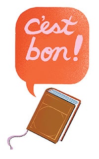 Illustration of a book and a text bubble that says "C'est Bon!" by Delphine Lee