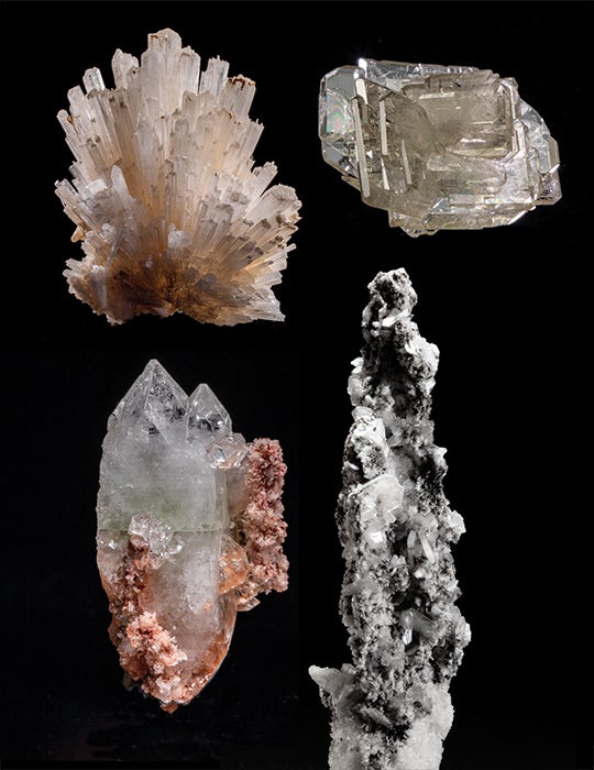 Some gems in the Badachhape collection, clockwise from top left: scolecite, barite, stilbite heulandite quartz and apophyllite crystal