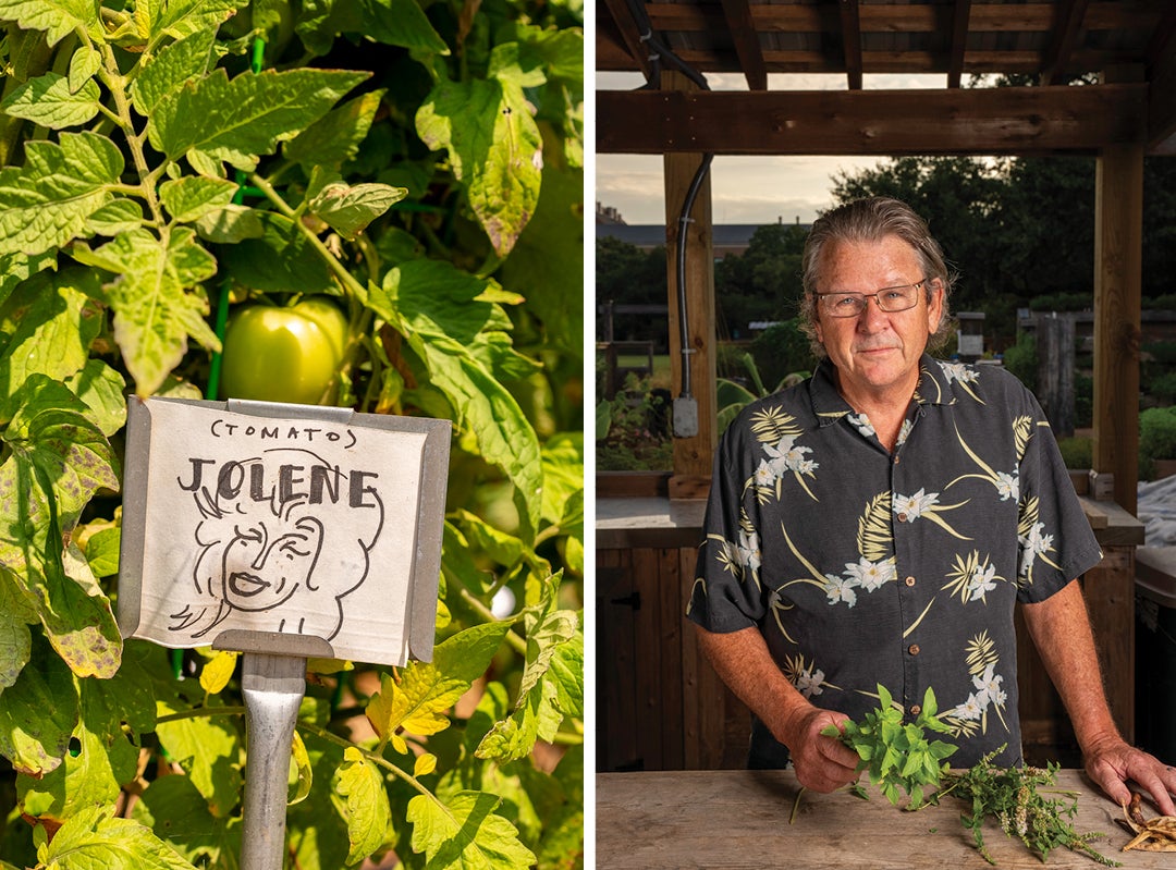 Bioscientist George Phillips helps teach cooking classes in the garden’s kitchen; an aerial view of the garde