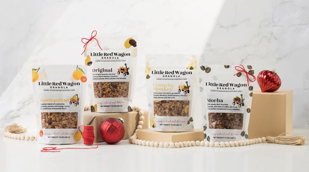 Product photo of Little Red Wagon granola with festive props