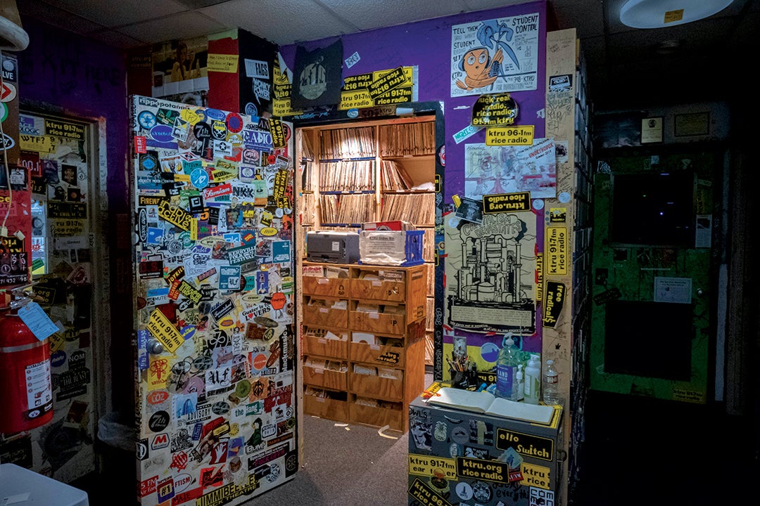 KTRU’s vinyl stacks room holds thousands of records and a turntable for private listening. 