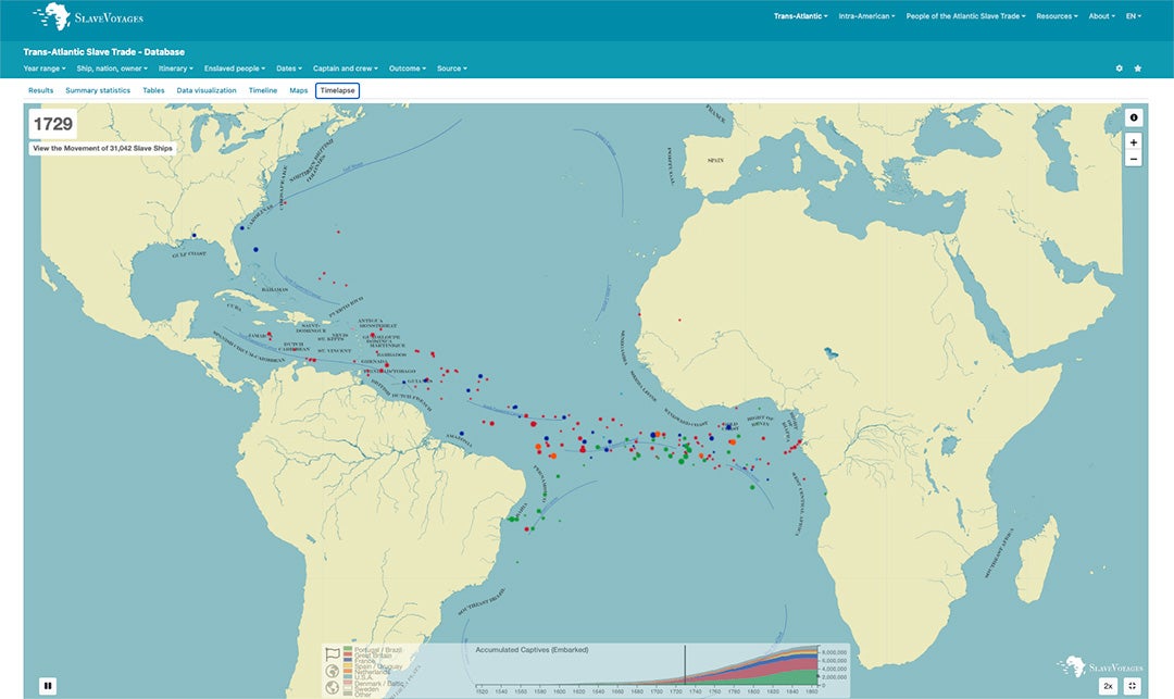 An interactive time-lapse video shows the movement of slave ships from the early 15oos through 1866
