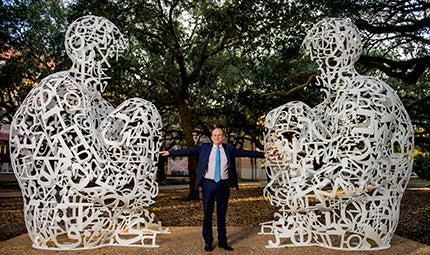 David Leebron at a favorite Rice University public art piece called Mirror by Jaume Plensa Mirror