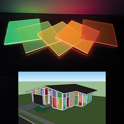 Concept drawing for a house using windowpanes designed by Rice University engineers to redirect light from inside and out to edge-band solar cells
