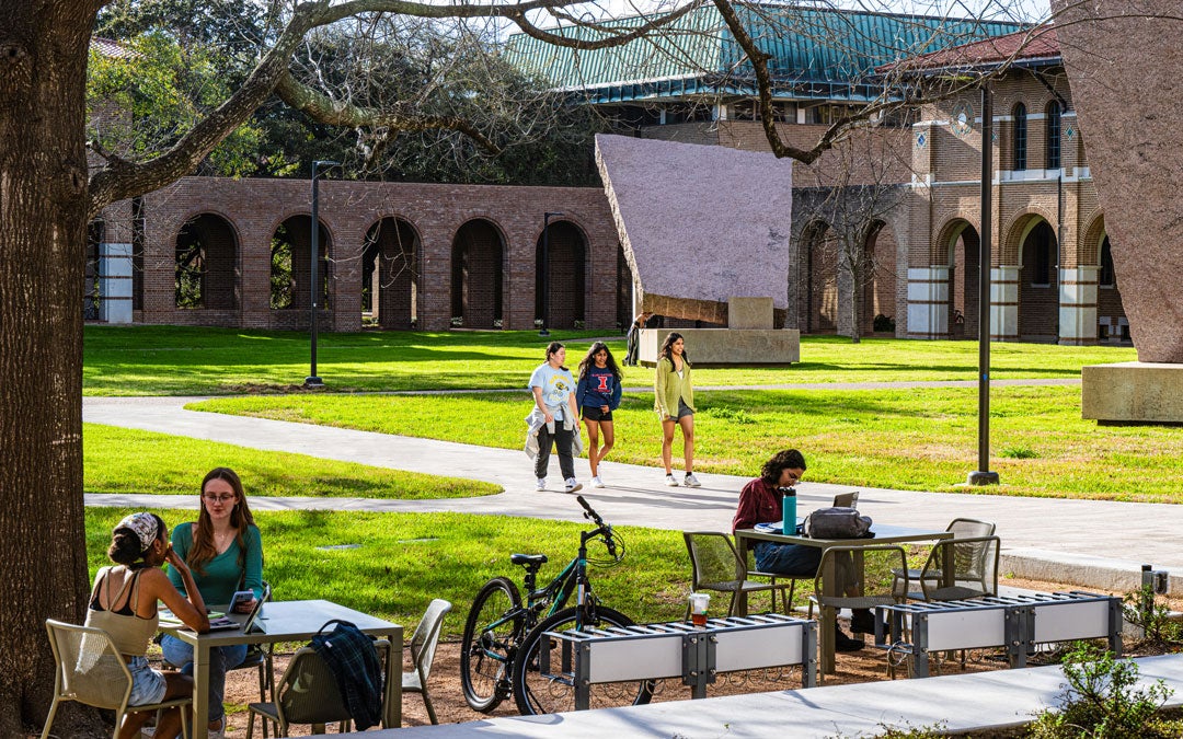 Photo of Michael Heizer’s granite triptych in the Engineering Quad