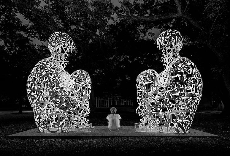 Mabry Campbell with Jaume Plensa’s “Mirror” sculptures