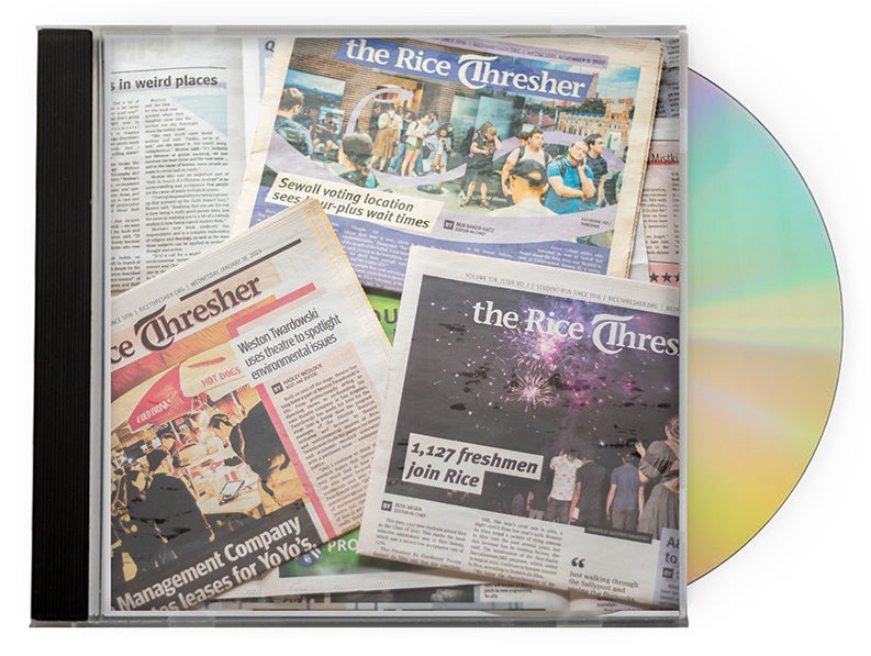 Album cover shows the the front pages of three issues of the Thresher.