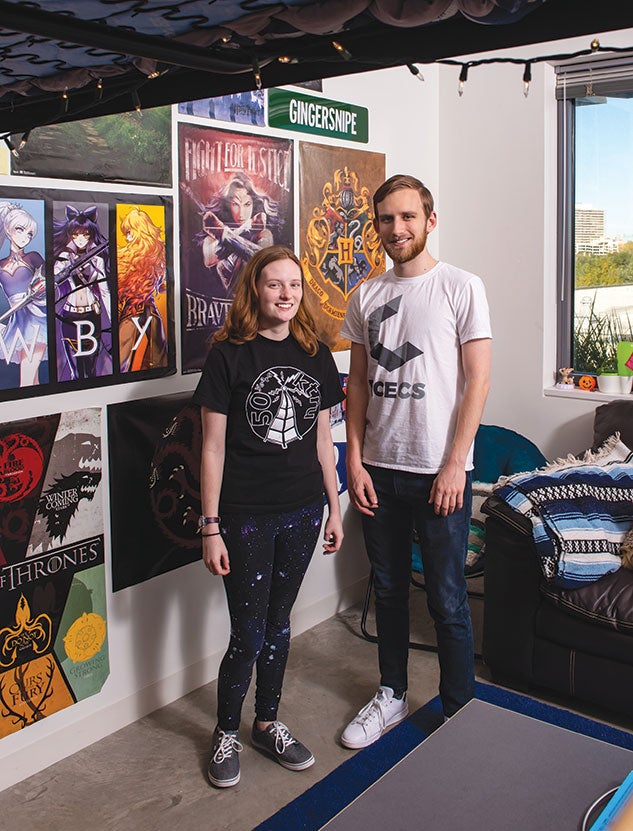 Twins Alaina Bertram ’21 and Emmett Bertram ’21, photographed in Alaina’s Duncan dorm room, will benefit from The Rice Investment. Photo by Jeff Fitlow