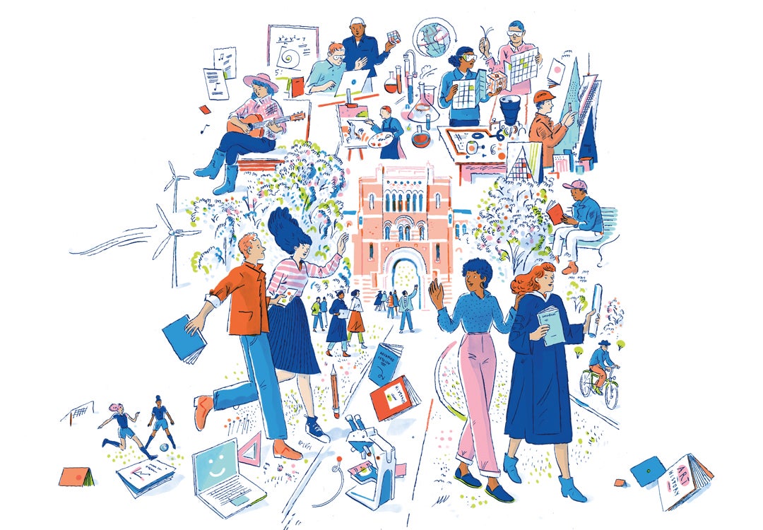 Illustration of Lovett Hall with teaching and research themes