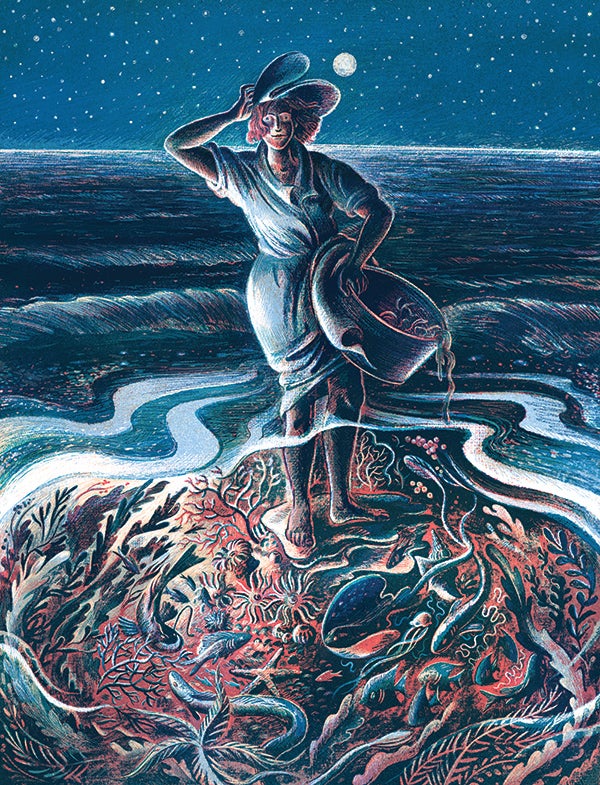 Illustration of Rachel Carson surrounded by sea creatures