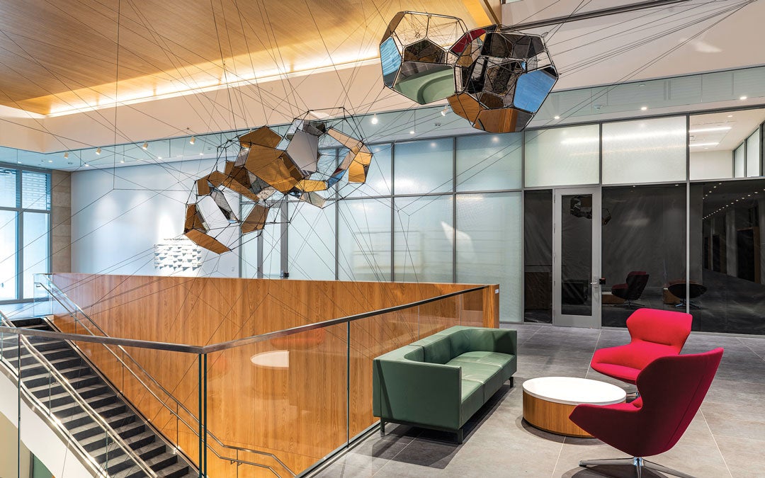 Tomás Saraceno's art suspended above the atrium in Ralph S. O’Connor Building for Engineering and Science