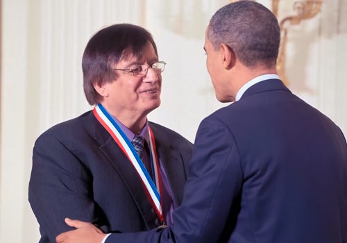 Photo of Richard Tapia with President Barack Obama in 2011 receiving the National Medal of Science medal 