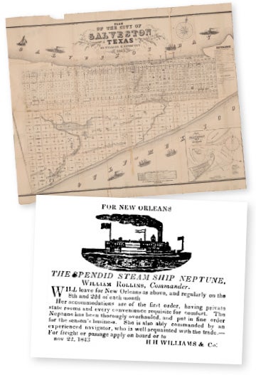 Archival images such as maps and notices of records of slave ships coming into Texas ports are included in findings by Fondren Fellows.